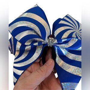 🌴 Blue Silver Glitter Swirl Cheer Bow 8” | Peppermint Stripe Gameday Spirit Hair